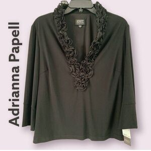 NWT Adrianna Papell Blouse with Ruffle Neckline, BLACK, XL